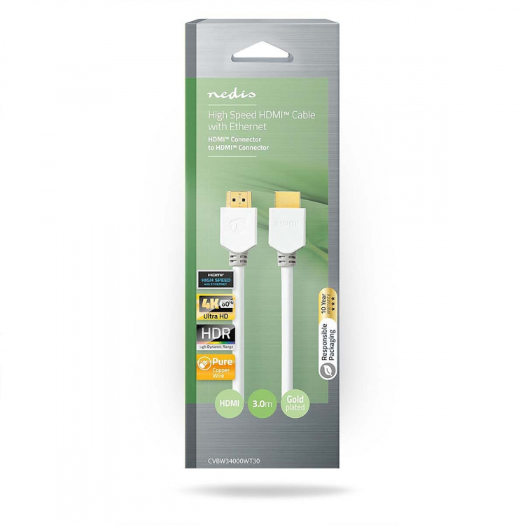 Nedis High Speed ​​HDMI ™ kabel med Ethernet | HDMI™ Kontakt | HDMI™ Kontakt | 4K@60Hz | ARC | 18 Gbps | 3.00 m | Rund | PVC | Vit | Låda
