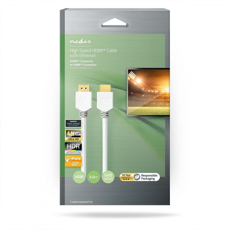 Nedis High Speed ​​HDMI ™ kabel med Ethernet | HDMI™ Kontakt | HDMI™ Kontakt | 4K@60Hz | ARC | 18 Gbps | 5.00 m | Rund | PVC | Vit | Låda