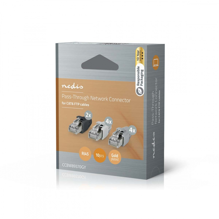 Nedis RJ45-kontakt | RJ45 Pass Through | Solid/strängad FTP CAT6 | Rak | Guldplaterad | 10 st. | Polycarbonate | Grå / Svart / Vit | Låda