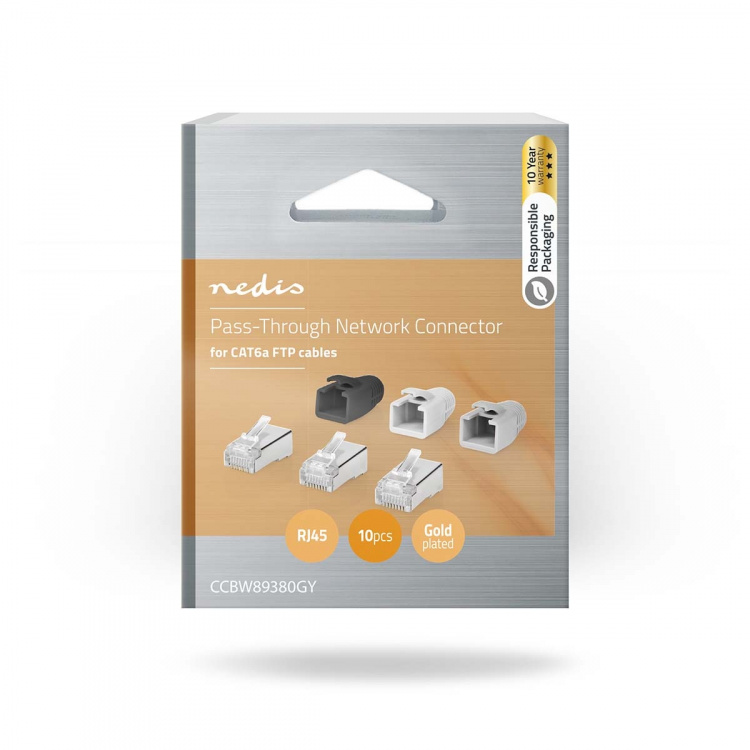 Nedis RJ45-kontakt | RJ45 Pass Through | Solid/strängad FTP CAT6a | Rak | Guldplaterad | 10 st. | Polycarbonate | Grå / Svart / Vit | Låda