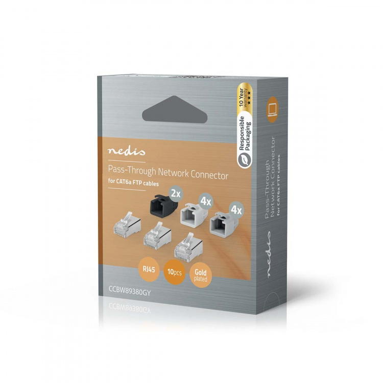 Nedis RJ45-kontakt | RJ45 Pass Through | Solid/strängad FTP CAT6a | Rak | Guldplaterad | 10 st. | Polycarbonate | Grå / Svart / Vit | Låda