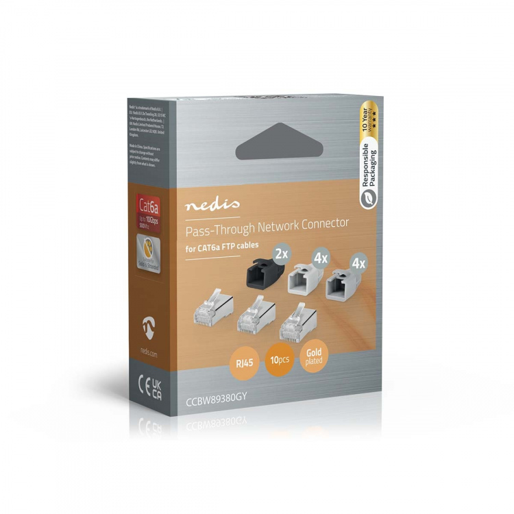 Nedis RJ45-kontakt | RJ45 Pass Through | Solid/strängad FTP CAT6a | Rak | Guldplaterad | 10 st. | Polycarbonate | Grå / Svart / Vit | Låda