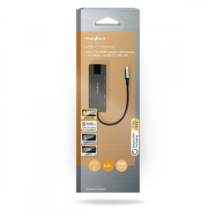 Nedis USB Multi-Port Adapter | 10-i-1 | USB 3.2 Gen 1 | USB-C™ Hane | HDMI™ Utgång / RJ45 Hona / SD / 2x USB-C™ / 3.5 mm Hona / 3x USB-A Hona | 5 Gbps | 0.20 m | Rund | Guldplaterad | PVC | Antracit | Låda