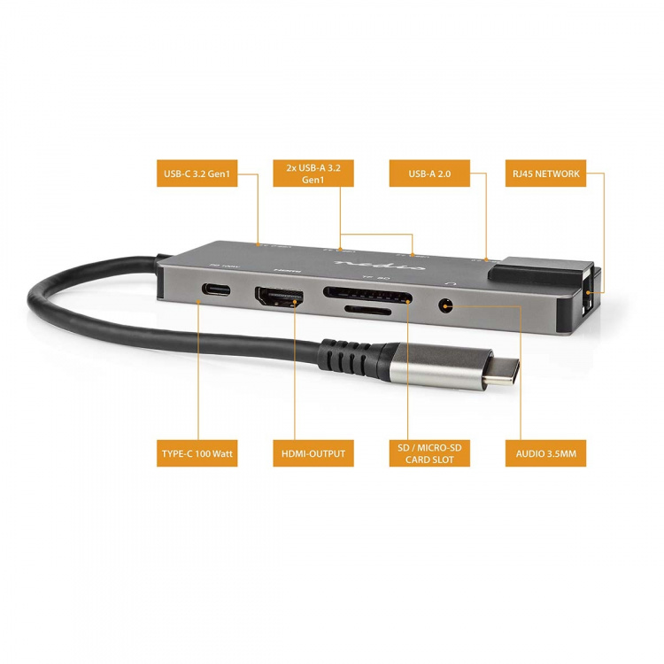 Nedis USB Multi-Port Adapter | 10-i-1 | USB 3.2 Gen 1 | USB-C™ Hane | HDMI™ Utgång / RJ45 Hona / SD / 2x USB-C™ / 3.5 mm Hona / 3x USB-A Hona | 5 Gbps | 0.20 m | Rund | Guldplaterad | PVC | Antracit | Låda