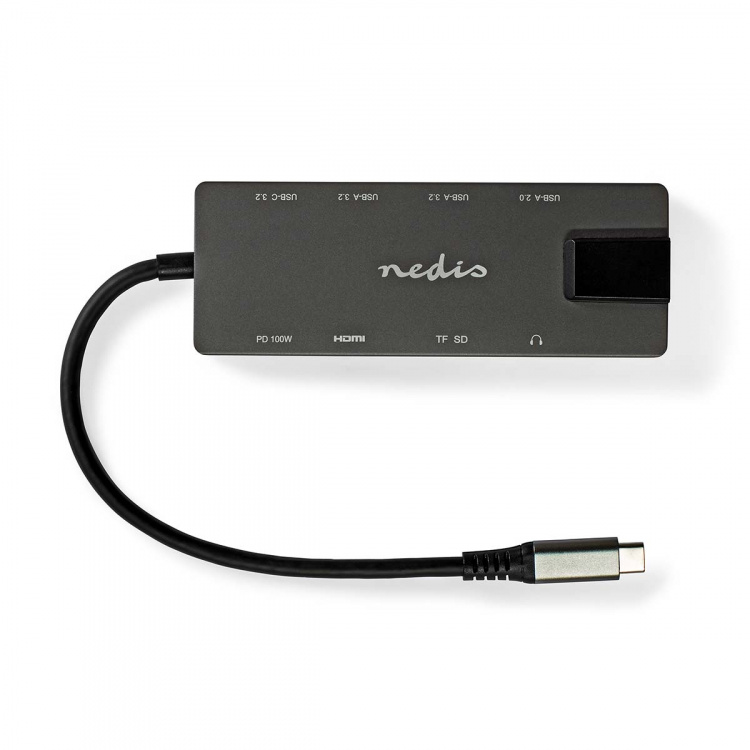 Nedis USB Multi-Port Adapter | 10-i-1 | USB 3.2 Gen 1 | USB-C™ Hane | HDMI™ Utgång / RJ45 Hona / SD / 2x USB-C™ / 3.5 mm Hona / 3x USB-A Hona | 5 Gbps | 0.20 m | Rund | Guldplaterad | PVC | Antracit | Låda