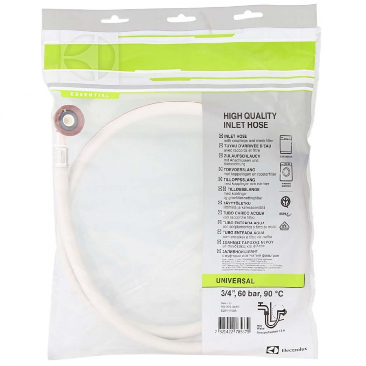 Electrolux E2WIH150A Inloppsslang 3/4 \'\' Rak - 3/4 \'\' Vinklad 10 bar 90 °C 1.50 m