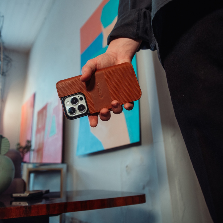 Krusell Leather Phone Wallet iPhone 13 Cognac