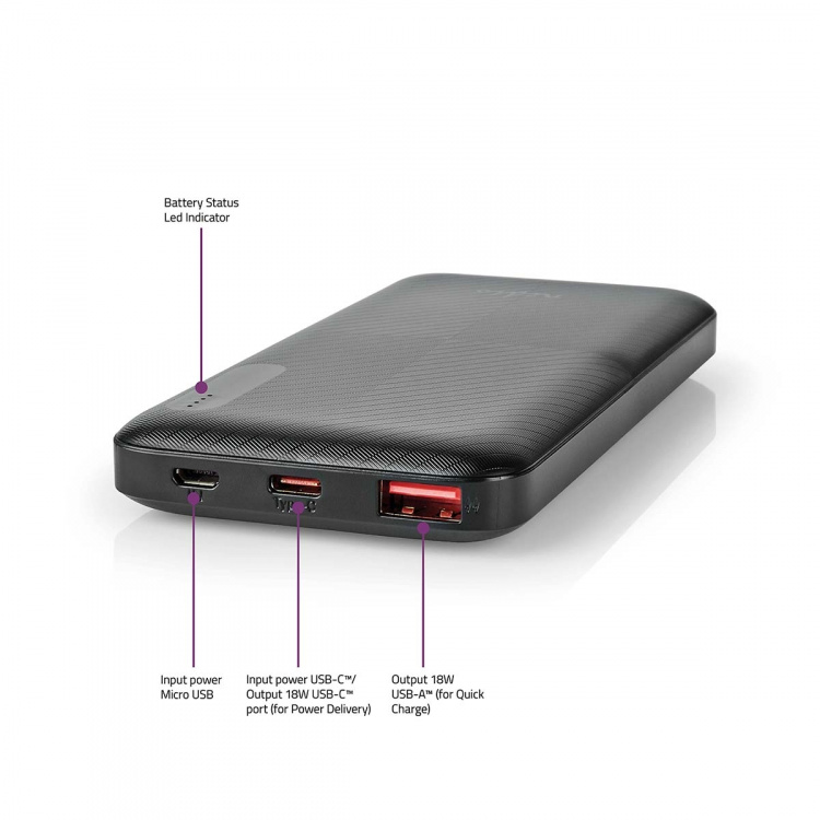 Nedis Powerbank | 10000 mAh | 1.5 / 2.0 / 3.0 A | Antal utgångar: 2 | Utgångsanslutning: 1x USB-A / 1x USB-C™ | Ingångsanslutning: 1x Micro USB / 1x USB-C™ | PD2.0 18W | Litium-polymer Nedis Powerbank | 10000 mAh | 1.5 / 2.0 / 3.0 A | Antal utgångar: 2 | Utgångsanslutning: 1x USB-A / 1x USB-C™ | Ingångsanslutning: 1x Micro USB / 1x USB-C™ | PD2.0 18W | Litium-polymer