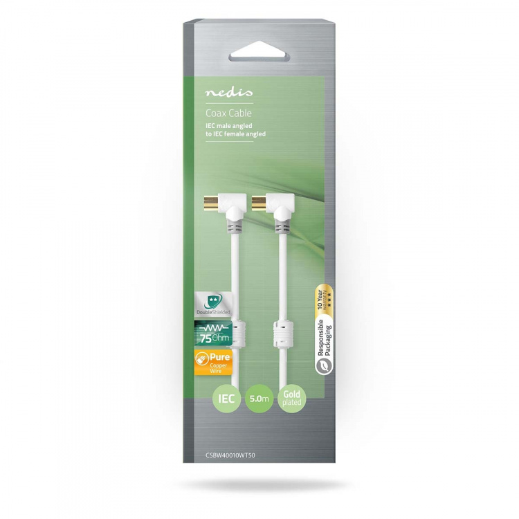 Nedis koaxialkabel | IEC (Koax) Hane | IEC (Koax) Hona | Guldplaterad | 100 dB | 75 Ohm | Dubbelskärmad | 5.00 m | Rund | PVC | Vit | Låda