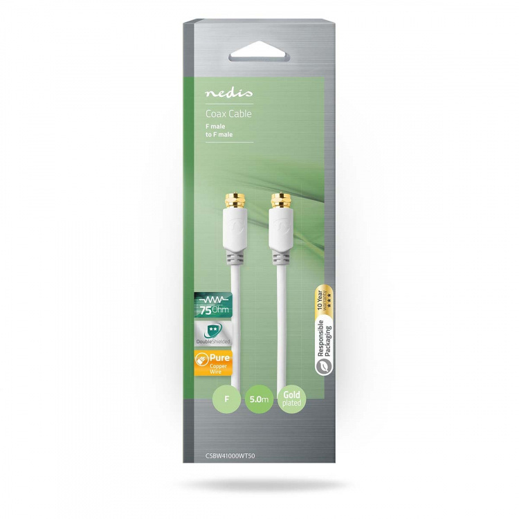 Nedis Satellite & Antenn kabel | F Hane | F Hane | Guldplaterad | 90 dB | 75 Ohm | Enskaligt skydd | 5.00 m | Rund | PVC | Vit | Låda