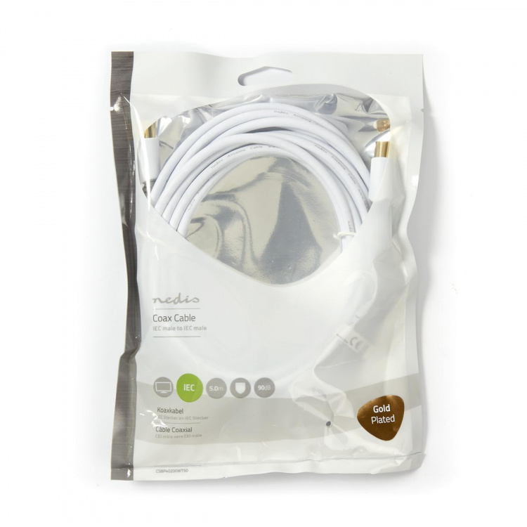 Nedis koaxialkabel | IEC (Koax) Hane | IEC (Koax) Hane | Guldplaterad | 75 Ohm | Enskaligt skydd | 5.00 m | Rund | PVC | Vit | Plastpåse