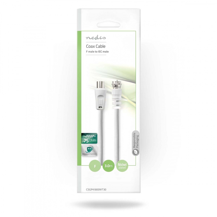Nedis Satellite & Antenn kabel | F Hane | IEC (Koax) Hane | Nickelplaterad | 30 dB | 75 Ohm | Dubbelskärmad | 3.00 m | Rund | PVC | Vit | Kuvert