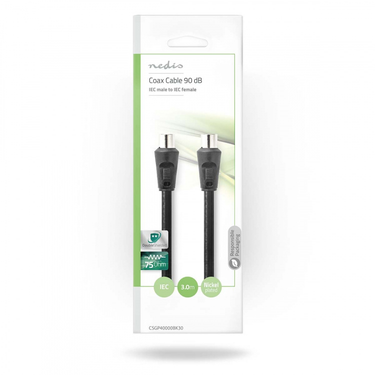 Nedis koaxialkabel | IEC (Koax) Hane | IEC (Koax) Hona | Nickelplaterad | 90 dB | 75 Ohm | Dubbelskärmad | 3.00 m | Rund | PVC | Svart | Kuvert