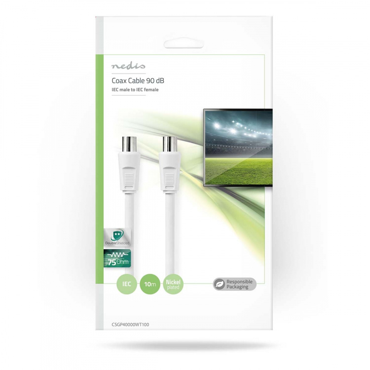Nedis koaxialkabel | IEC (Koax) Hane | IEC (Koax) Hane | Nickelplaterad | 90 dB | 75 Ohm | Dubbelskärmad | 10.0 m | Rund | PVC | Vit | Kuvert