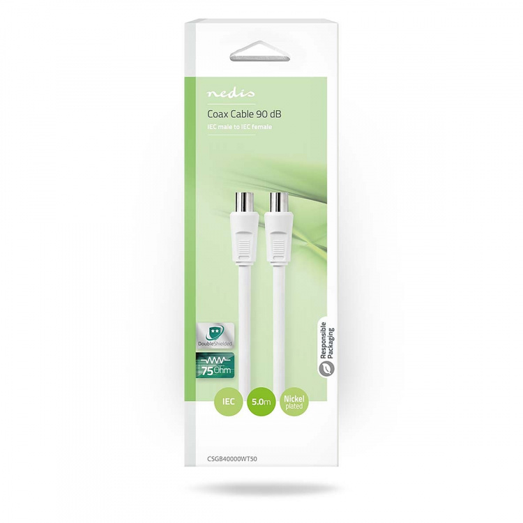 Nedis koaxialkabel | IEC (Koax) Hane | IEC (Koax) Hona | Nickelplaterad | 90 dB | 75 Ohm | Dubbelskärmad | 5.00 m | Rund | PVC | Vit | Låda Nedis koaxialkabel | IEC (Koax) Hane | IEC (Koax) Hona | Nickelplaterad | 90 dB | 75 Ohm | Dubbelskärmad | 5.00 m | Rund | PVC | Vit | Låda