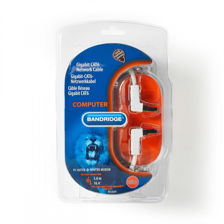 Bandridge CAT6 F/UTP-nätverkskabel RJ45 hane - RJ45 hane, vinklad 5.00 m vit