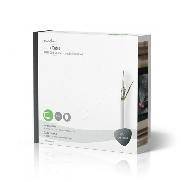 Nedis Koaxialkabel på Bobin | RG58C/U | 50 Ohm | Dubbelskärmad | ECA | 25.0 m | Koax | PVC | Vit | Presentbox