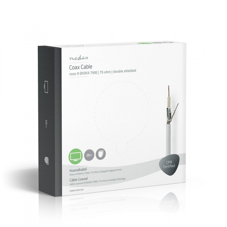 Nedis Koaxialkabel på Bobin | RG59 | 75 Ohm | Dubbelskärmad | ECA | 25.0 m | Koax | PVC | Vit | Presentbox