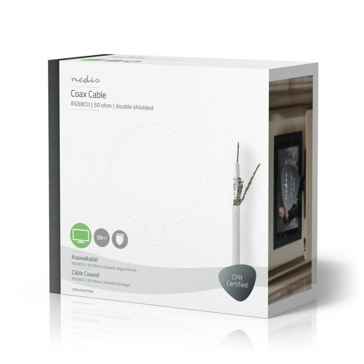 Nedis Koaxialkabel på Bobin | RG58C/U | 50 Ohm | Dubbelskärmad | ECA | 50.0 m | Koax | PVC | Vit | Presentbox