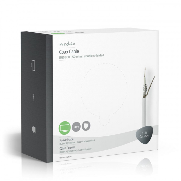 Nedis Koaxialkabel på Bobin | RG58C/U | 50 Ohm | Dubbelskärmad | ECA | 50.0 m | Koax | PVC | Vit | Presentbox