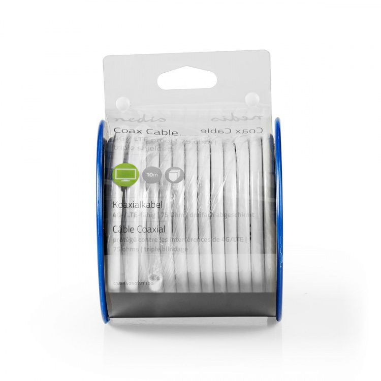 Nedis Koaxialkabel på Bobin | 4G / LTE säker | 75 Ohm | Trippel skyddat | ECA | 10.0 m | Koax | PVC | Vit | Rulle
