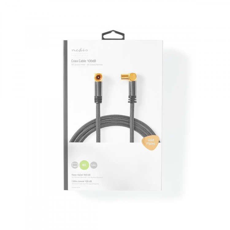 Nedis koaxialkabel | IEC (Koax) Hane | IEC (Koax) Hona | Guldplaterad | 75 Ohm | Fyra skydd | 5.00 m | Rund | Bomull | Grå / Grått Med Metall | Kartong med täckt fönster