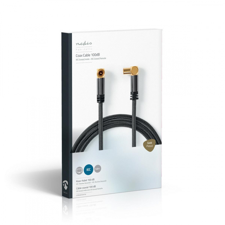 Nedis koaxialkabel | IEC (Koax) Hane | IEC (Koax) Hona | Guldplaterad | 75 Ohm | Fyra skydd | 5.00 m | Rund | Bomull | Grå / Grått Med Metall | Kartong med täckt fönster