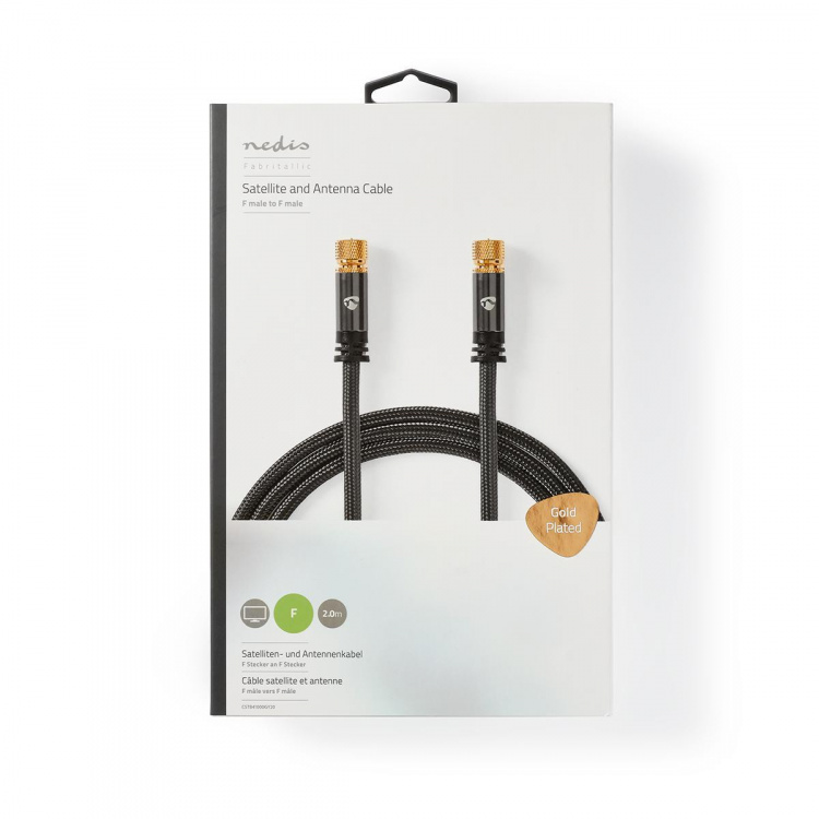 Nedis Satellite & Antenn kabel | F Hane | F Hane | Guldplaterad | 75 Ohm | Fyra skydd | 2.00 m | Rund | Bomull | Grå / Grått Med Metall | Kartong med täckt fönster