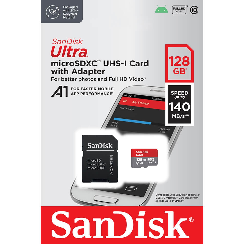 SanDisk 128 GB Ultra UHS I MicroSD-kort 140 MB/s R för smartphones