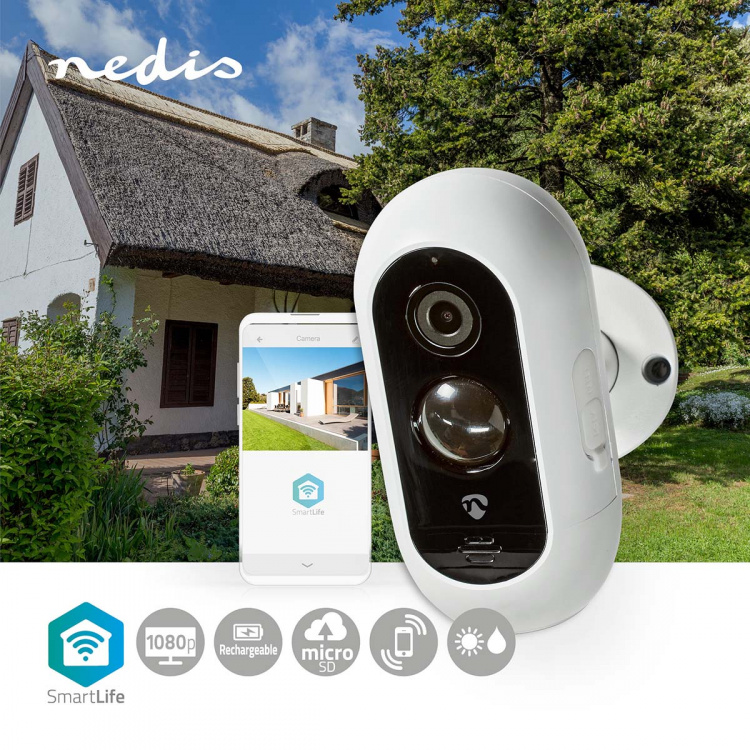 Nedis SmartLife Utomhus Kamera | Full HD 1080p | IP65 | Max. batteritid: 6 Månader | microSD (ingår inte) / Molnlagring (tillval) | 5 V DC | Med rörelsesensor | Nattsikt | Vit