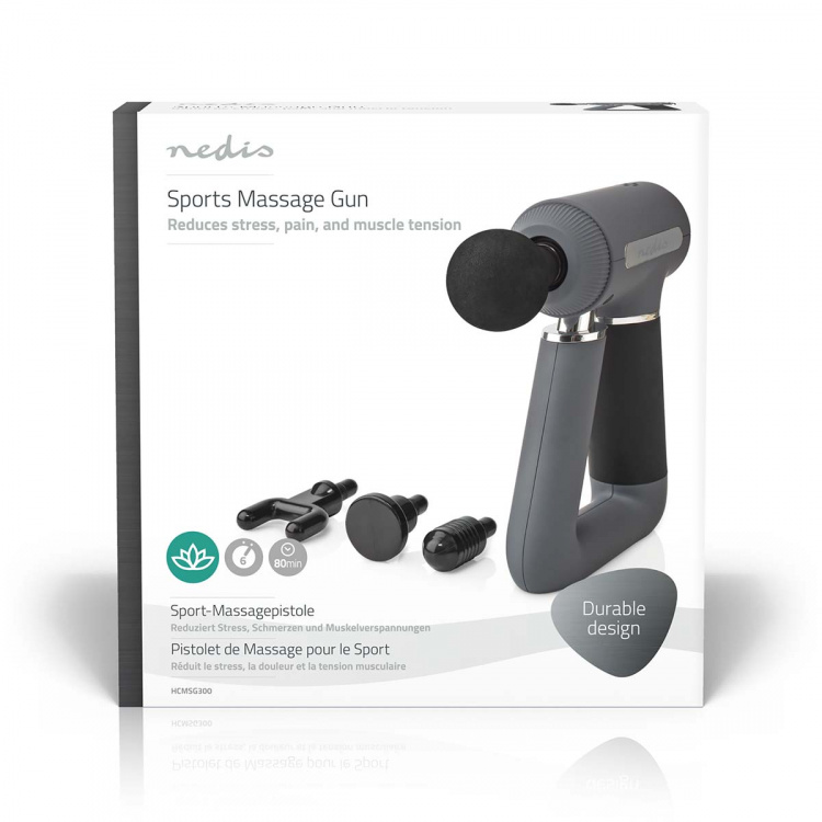 Nedis Sportmassage Pistol | Batteridriven | N/A | Uppladdningsbara | 6 massagelägen | USB kabel | Grå Nedis Sportmassage Pistol | Batteridriven | N/A | Uppladdningsbara | 6 massagelägen | USB kabel | Grå