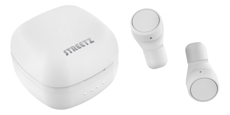 streetz True Wireless stay-in-ear, dual earbuds, charge case, white
