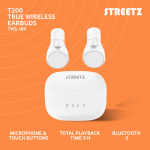 streetz True Wireless stay-in-ear, dual earbuds, charge case, white