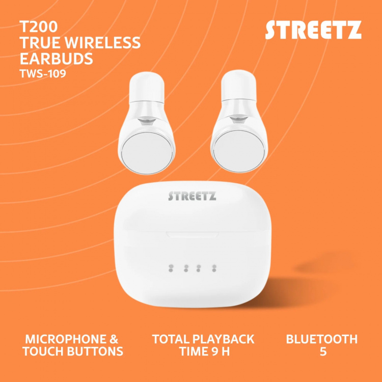 streetz True Wireless stay-in-ear, dual earbuds, charge case, white