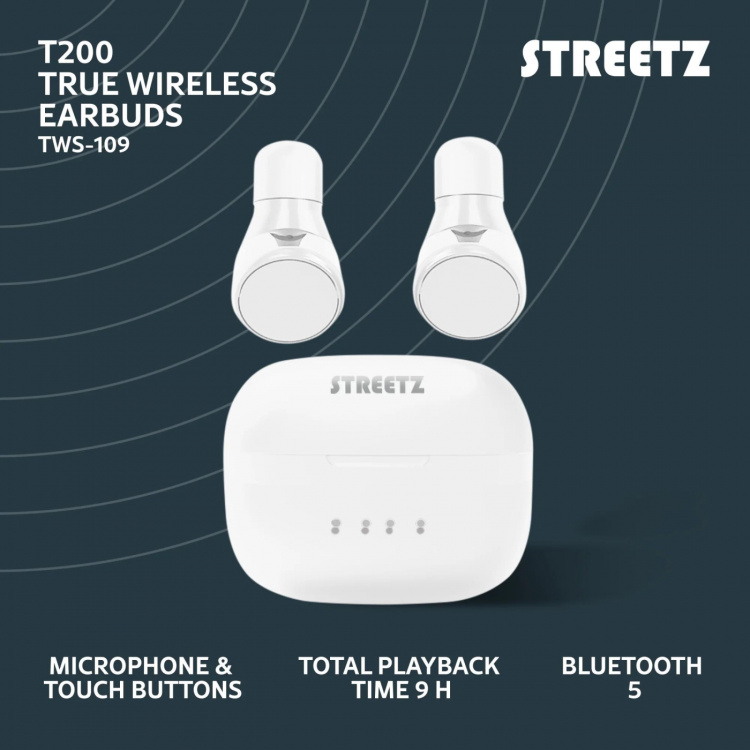 streetz True Wireless stay-in-ear, dual earbuds, charge case, white