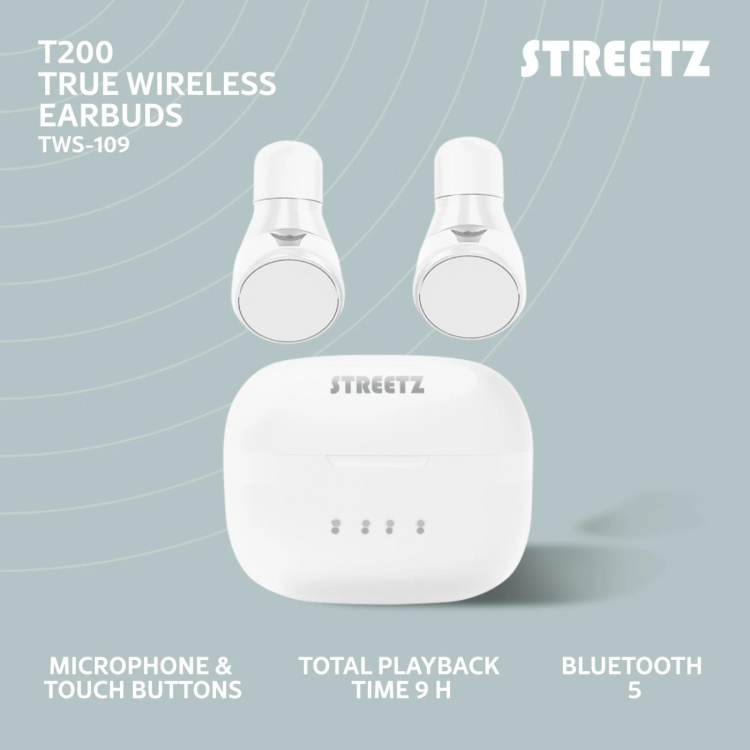 streetz True Wireless stay-in-ear, dual earbuds, charge case, white