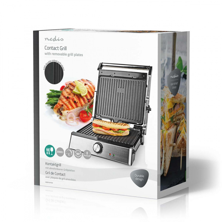 Nedis Kontaktgrill | 2000 W | 29 x 23 cm | Justerbar temperaturkontroll | Plast / Rostfritt stål