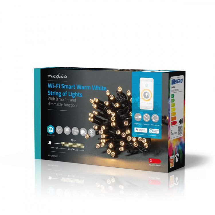 Nedis SmartLife Julbelysning | Sträng | Wi-Fi | Varm Vit | 50 LED\'s | 5.00 m | Android™ / IOS