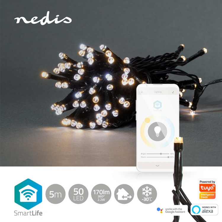 Nedis SmartLife Julbelysning | Sträng | Wi-Fi | Varm till cool vit | 50 LED\'s | 5.00 m | Android™ / IOS