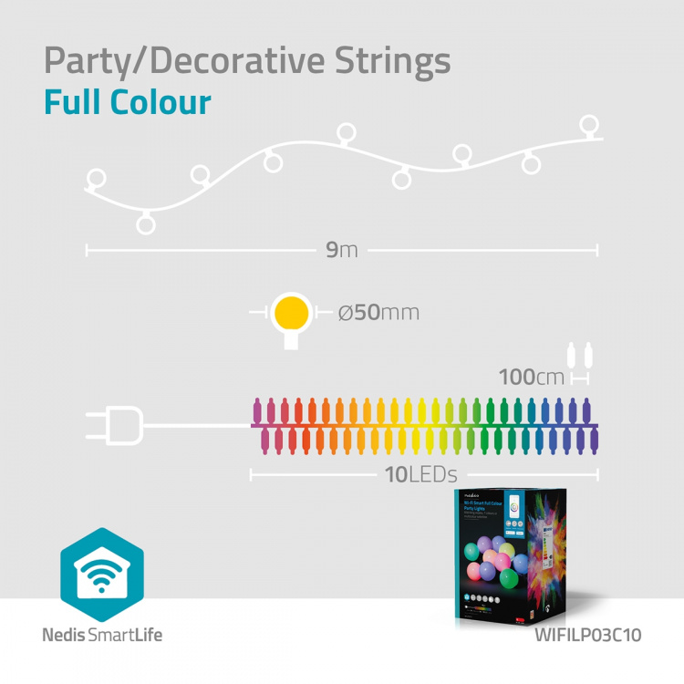 Nedis SmartLife Dekorativa Lampor | Festljus | Wi-Fi | RGB / Vit | 10 LED\'s | 9.00 m | Android™ / IOS | Glödlampediameter: 50 mm Nedis SmartLife Dekorativa Lampor | Festljus | Wi-Fi | RGB / Vit | 10 LED\'s | 9.00 m | Android™ / IOS | Glödlampediameter: 50 mm