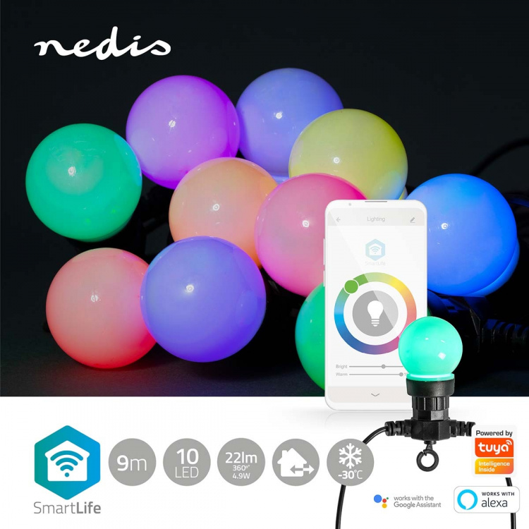 Nedis SmartLife Dekorativa Lampor | Festljus | Wi-Fi | RGB / Vit | 10 LED\'s | 9.00 m | Android™ / IOS | Glödlampediameter: 50 mm Nedis SmartLife Dekorativa Lampor | Festljus | Wi-Fi | RGB / Vit | 10 LED\'s | 9.00 m | Android™ / IOS | Glödlampediameter: 50 mm