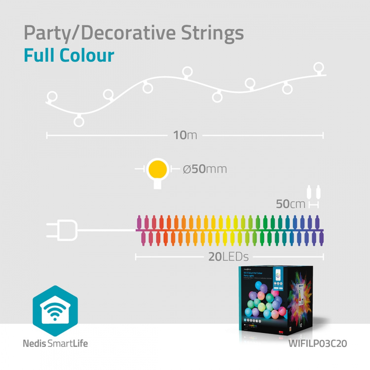 Nedis SmartLife Dekorativa Lampor | Festljus | Wi-Fi | RGB / Vit | 20 LED\'s | 10 m | Android™ / IOS | Glödlampediameter: 50 mm Nedis SmartLife Dekorativa Lampor | Festljus | Wi-Fi | RGB / Vit | 20 LED\'s | 10 m | Android™ / IOS | Glödlampediameter: 50 mm