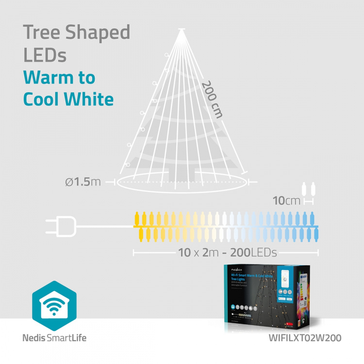Nedis SmartLife Julbelysning | Träd | Wi-Fi | Varm till cool vit | 200 LED\'s | 20.0 m | 10 x 2 m | Android™ / IOS