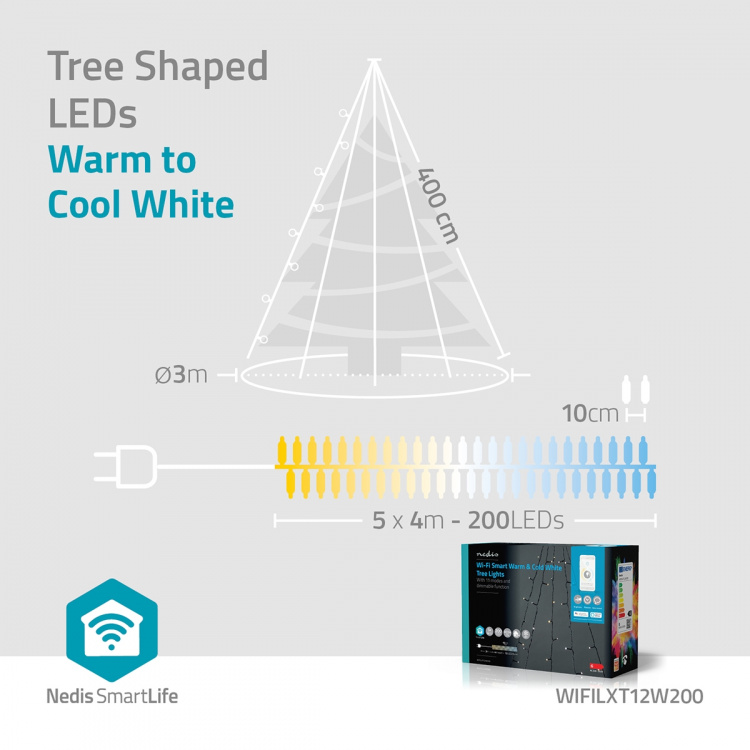 Nedis SmartLife Julbelysning | Träd | Wi-Fi | Varm till cool vit | 200 LED\'s | 20.0 m | 5 x 4 m | Android™ / IOS