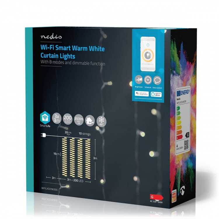 Nedis SmartLife Julbelysning | Ridå | Wi-Fi | Varm Vit | 200 LED\'s | 3.00 m | Android™ / IOS