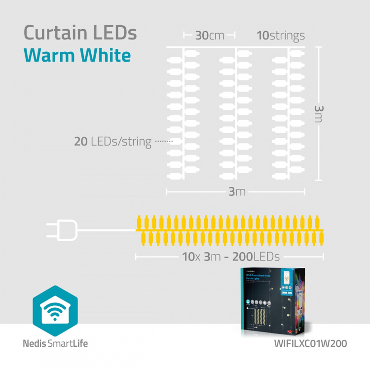 Nedis SmartLife Julbelysning | Ridå | Wi-Fi | Varm Vit | 200 LED\'s | 3.00 m | Android™ / IOS