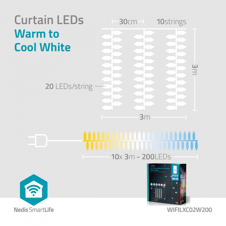 Nedis SmartLife Julbelysning | Ridå | Wi-Fi | Varm till cool vit | 200 LED\'s | 3 m | Android™ / IOS