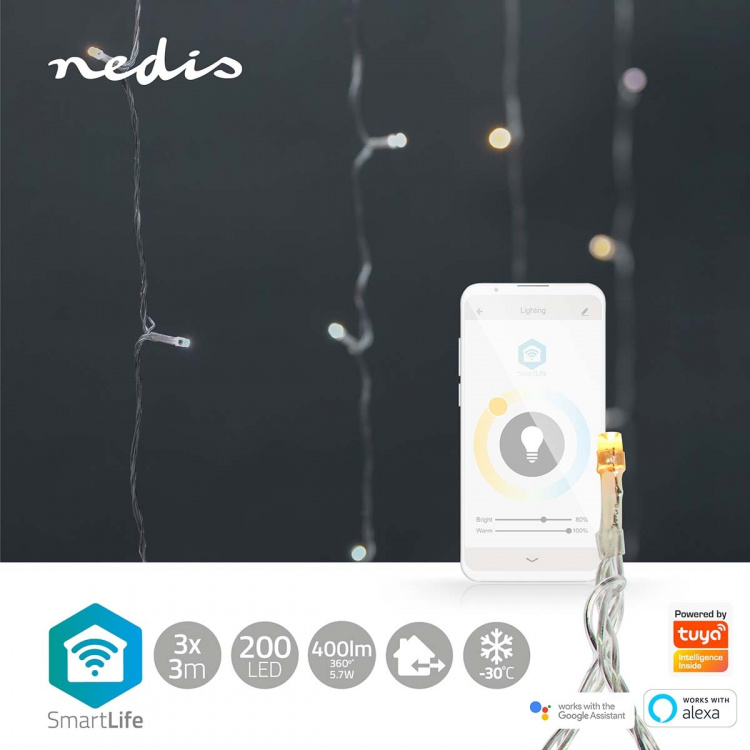 Nedis SmartLife Julbelysning | Ridå | Wi-Fi | Varm till cool vit | 200 LED\'s | 3 m | Android™ / IOS