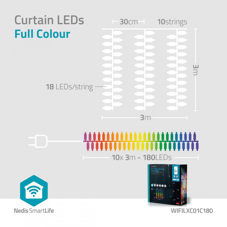 Nedis SmartLife Julbelysning | Ridå | Wi-Fi | RGB | 180 LED\'s | 3 m | Android™ / IOS