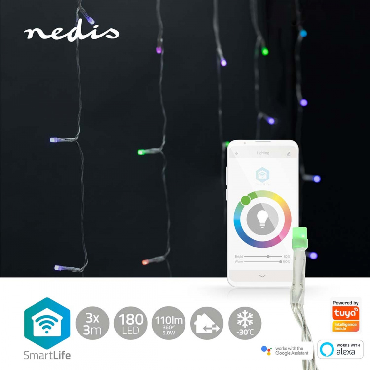 Nedis SmartLife Julbelysning | Ridå | Wi-Fi | RGB | 180 LED\'s | 3 m | Android™ / IOS